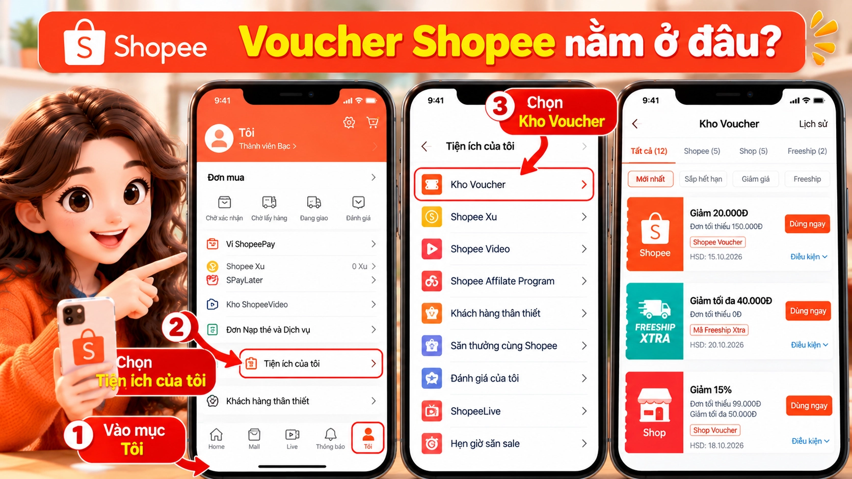 Hình minh họa kho Voucher trong ứng dụng Shopee hiển thị các voucher đã lưu