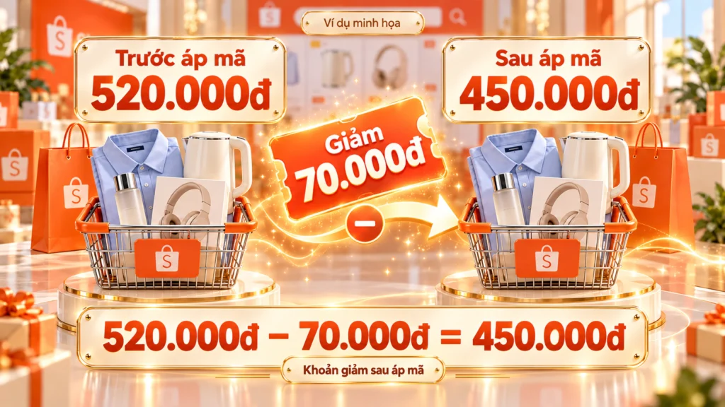 Hình minh họa hai giỏ hàng cùng sản phẩm trước và sau khi áp mã, với khoản giảm ở giữa