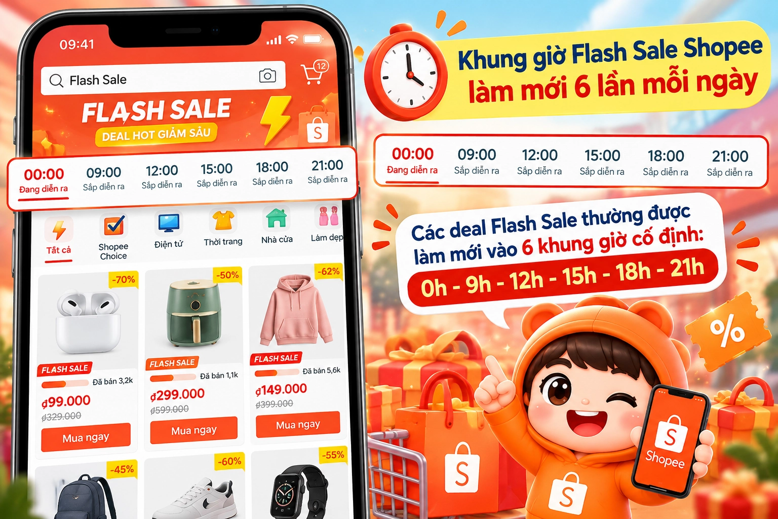 Hình minh họa các khung giờ Flash Sale Shopee Hình minh họa các khung giờ Flash Sale Shopee trong ngày