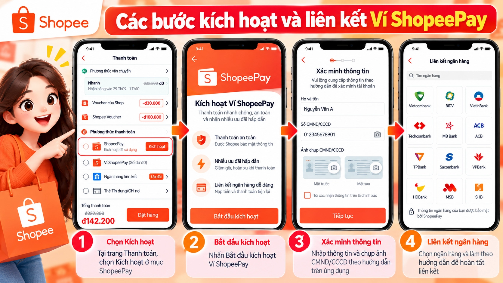 Hình minh họa kích hoạt Ví ShopeePay trên Shopee Hình minh họa bước kích hoạt và liên kết Ví ShopeePay với Shopee