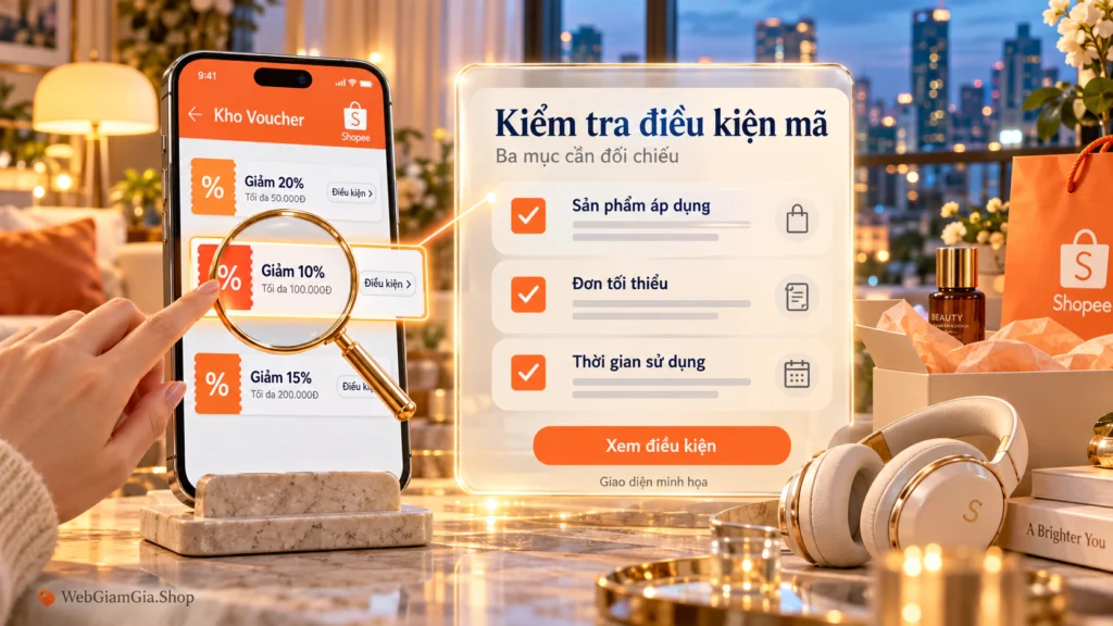 Hình minh họa kiểm tra điều kiện mã Hình minh họa giao diện giả lập Kho Voucher và ba mục cần kiểm tra điều kiện mã