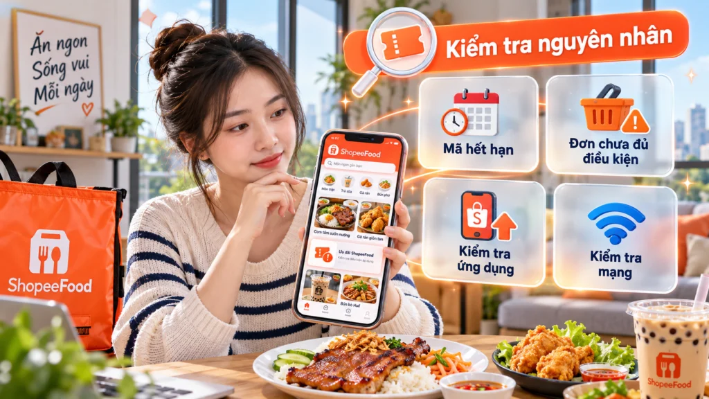 Hình minh họa kiểm tra mã không dùng được Hình minh họa kiểm tra các lý do mã ShopeeFood không dùng được khi đặt món