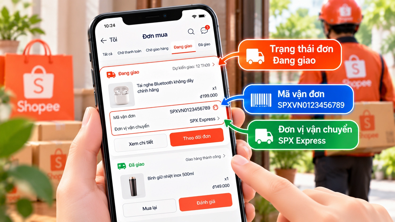Hình minh họa kiểm tra mã vận đơn và đơn vị vận chuyển trong mục Đơn mua của ứng dụng Shopee