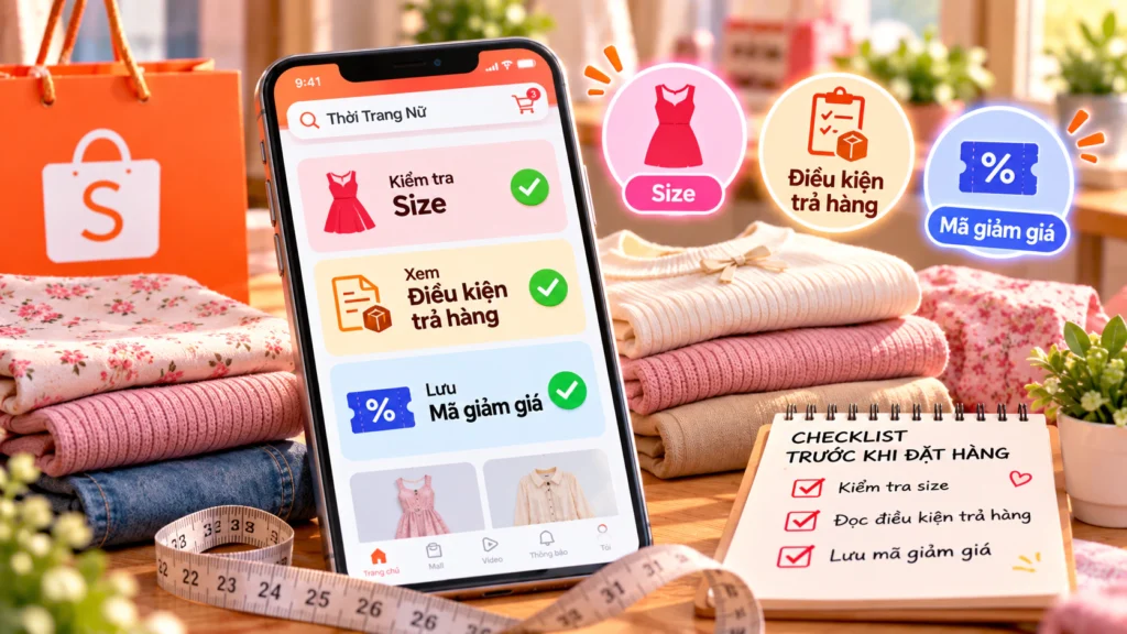 Hình minh họa kiểm tra size và điều kiện trả hàng trước khi mua đồ nữ như đồ lót, quần tất