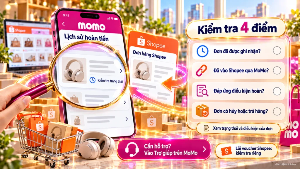 Hình minh họa kiểm tra tiền hoàn Hình minh họa bốn điểm cần kiểm tra khi tiền hoàn MoMo chưa hiện