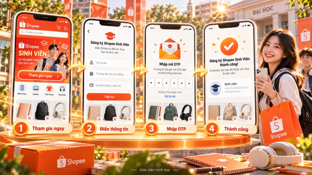 Hình minh họa bốn bước đăng ký chương trình bằng email trường