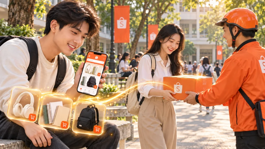 Hình minh họa sinh viên mua sắm trực tuyến trong khuôn viên trường