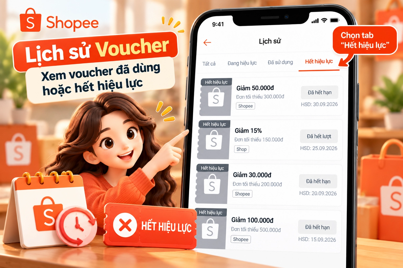 Hình minh họa màn hình Lịch sử trong Kho Voucher Shopee Hình minh họa màn hình Lịch sử trong Kho Voucher Shopee, đang xem mục Hết hiệu lực