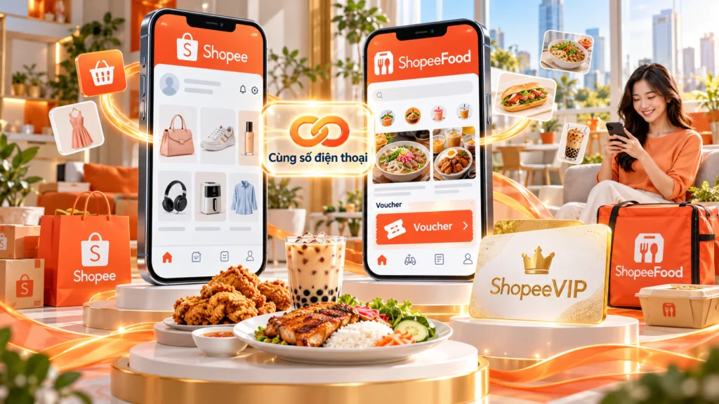 Hình minh họa liên kết hai tài khoản Hình minh họa liên kết tài khoản Shopee với tài khoản ShopeeFood để dùng voucher trong gói ShopeeVIP