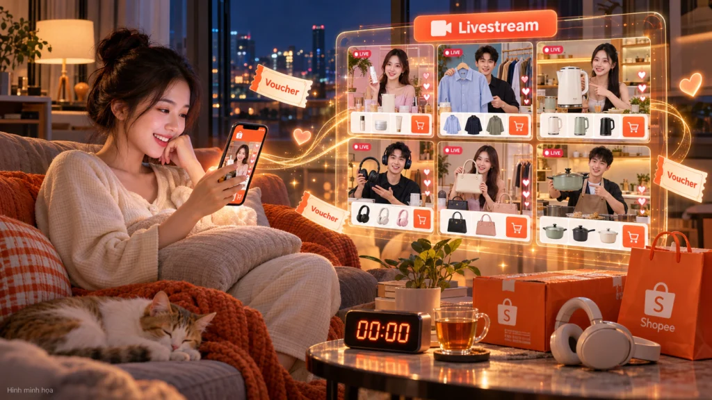 Hình minh họa người xem livestream săn voucher lúc nửa đêm trên điện thoại, kèm sáu khung livestream bán hàng