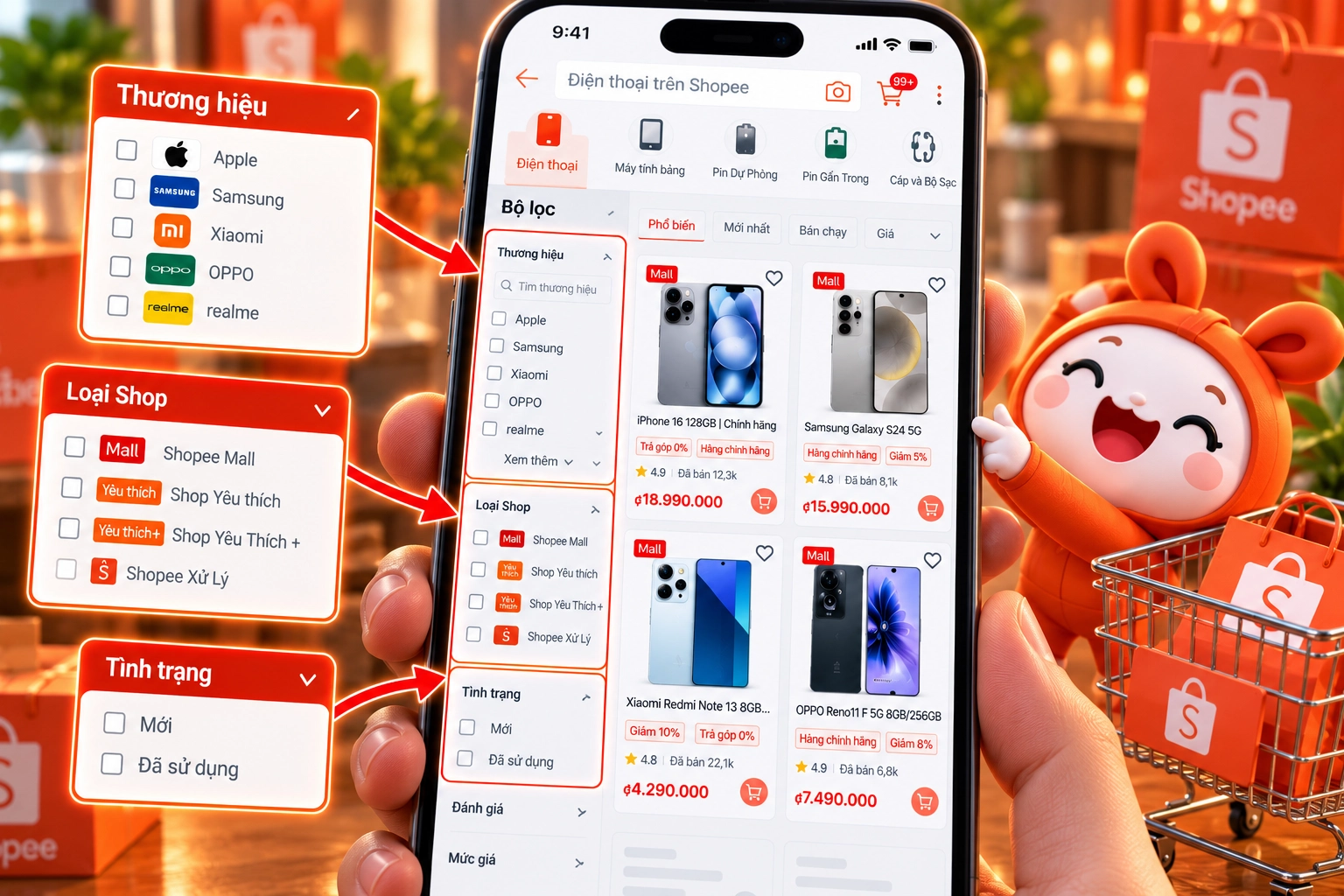 Hình minh họa bộ lọc điện thoại trên Shopee Hình minh họa bộ lọc Thương hiệu, Loại Shop và Tình trạng khi tìm điện thoại trên Shopee