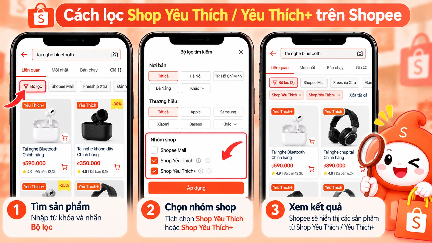 Hình minh họa cách dùng Bộ lọc để tìm Shop Yêu Thích Hình minh họa cách dùng Bộ lọc để tìm Shop Yêu Thích tại trang kết quả tìm kiếm Shopee