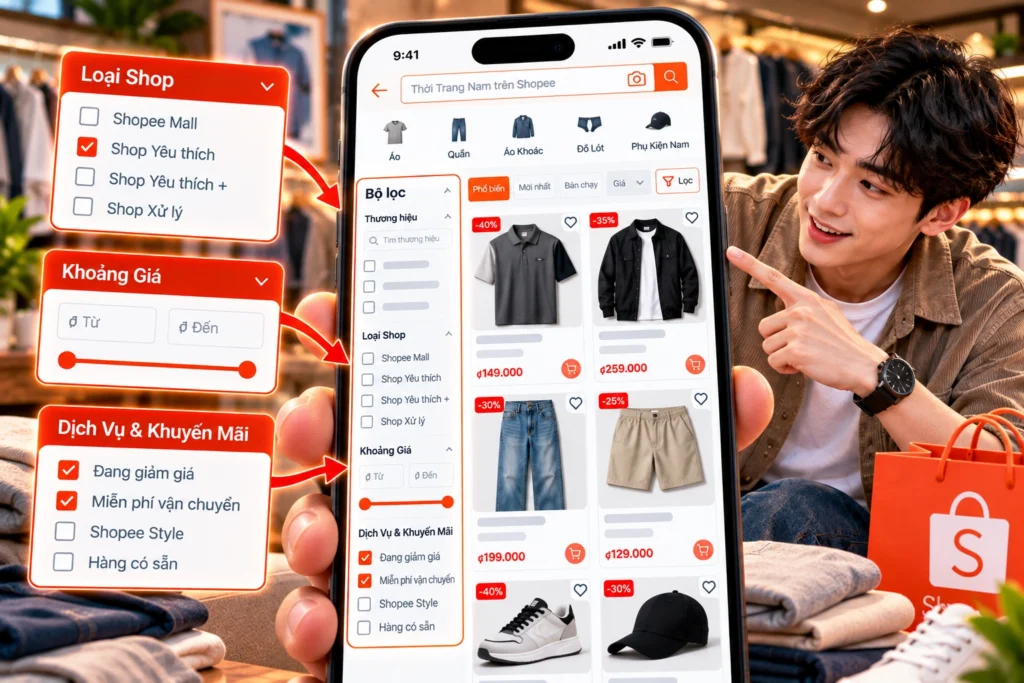 Hình minh họa bộ lọc đồ nam trên Shopee Hình minh họa bộ lọc Loại Shop, Khoảng Giá và Dịch Vụ & Khuyến Mãi khi tìm đồ nam trên Shopee
