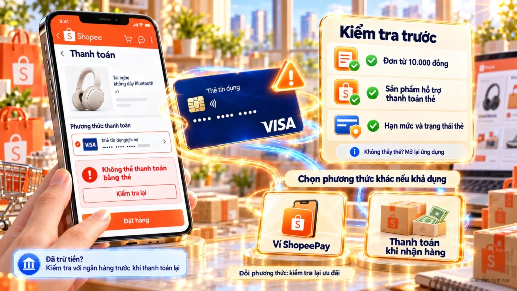 Hình minh họa xử lý lỗi thanh toán bằng thẻ Hình minh họa thẻ không thanh toán được, danh sách cần kiểm tra và cách đổi sang Ví ShopeePay hoặc thanh toán khi nhận hàng