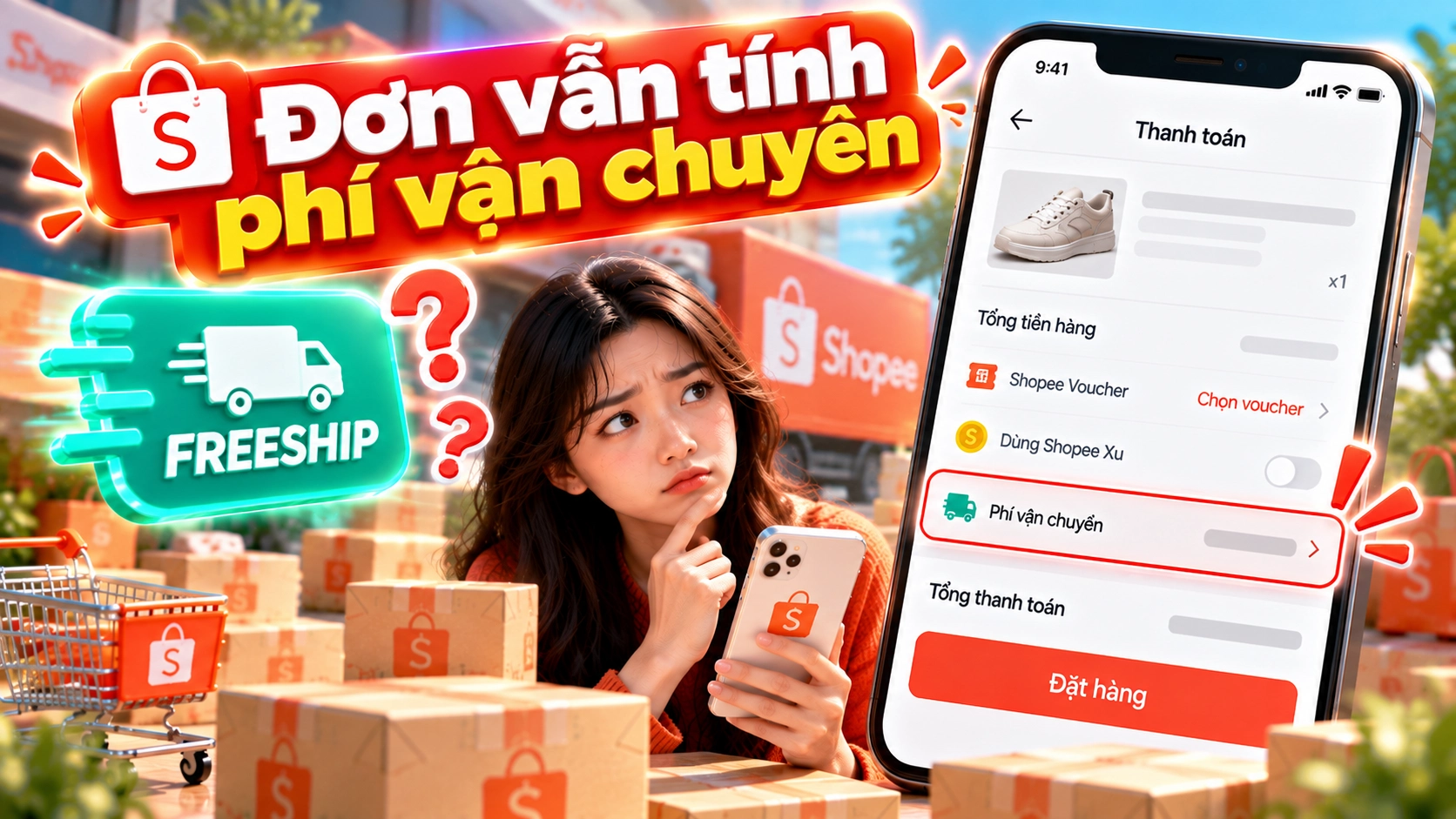 Hình minh họa đơn vẫn tính phí vận chuyển Hình minh họa đơn hàng Shopee vẫn bị tính phí vận chuyển dù có nhãn Freeship