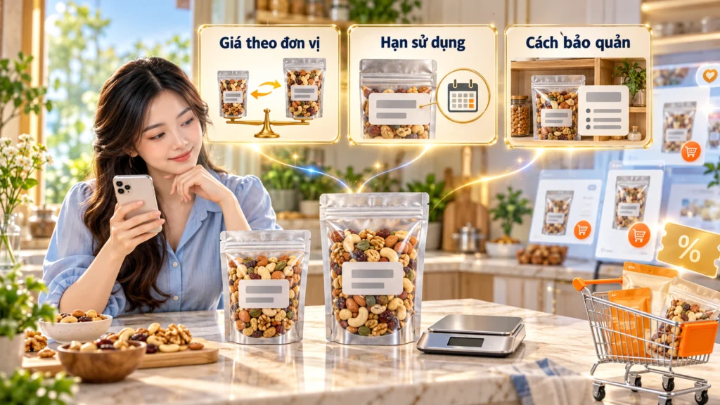 Hình minh họa so giá bách hóa Hình minh họa so sánh hai túi thực phẩm theo giá đơn vị, hạn sử dụng và cách bảo quản