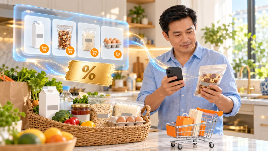 Hình minh họa chọn thực phẩm online Hình minh họa người xem điện thoại cạnh giỏ thực phẩm khi tìm mã giảm giá bách hóa