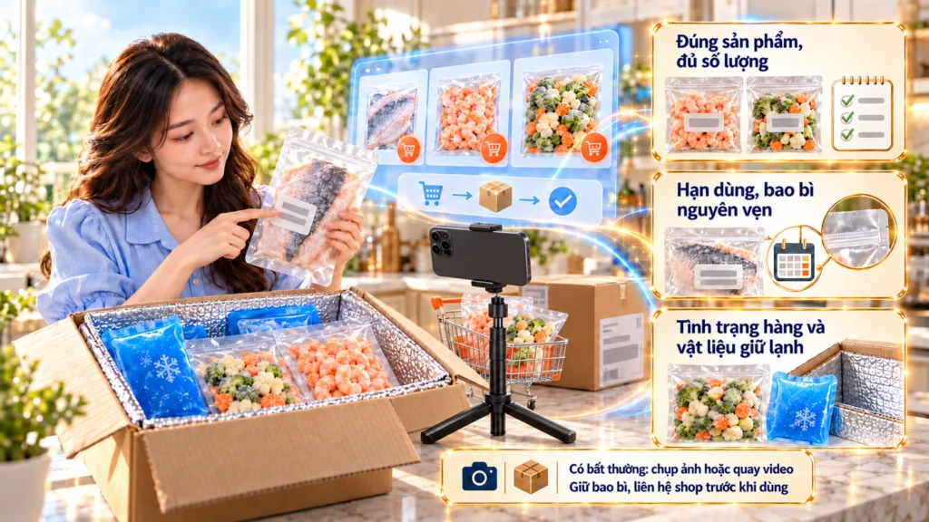 Hình minh họa nhận thực phẩm đông lạnh Hình minh họa mở thùng thực phẩm đông lạnh và kiểm tra sản phẩm, hạn dùng, bao bì khi nhận hàng