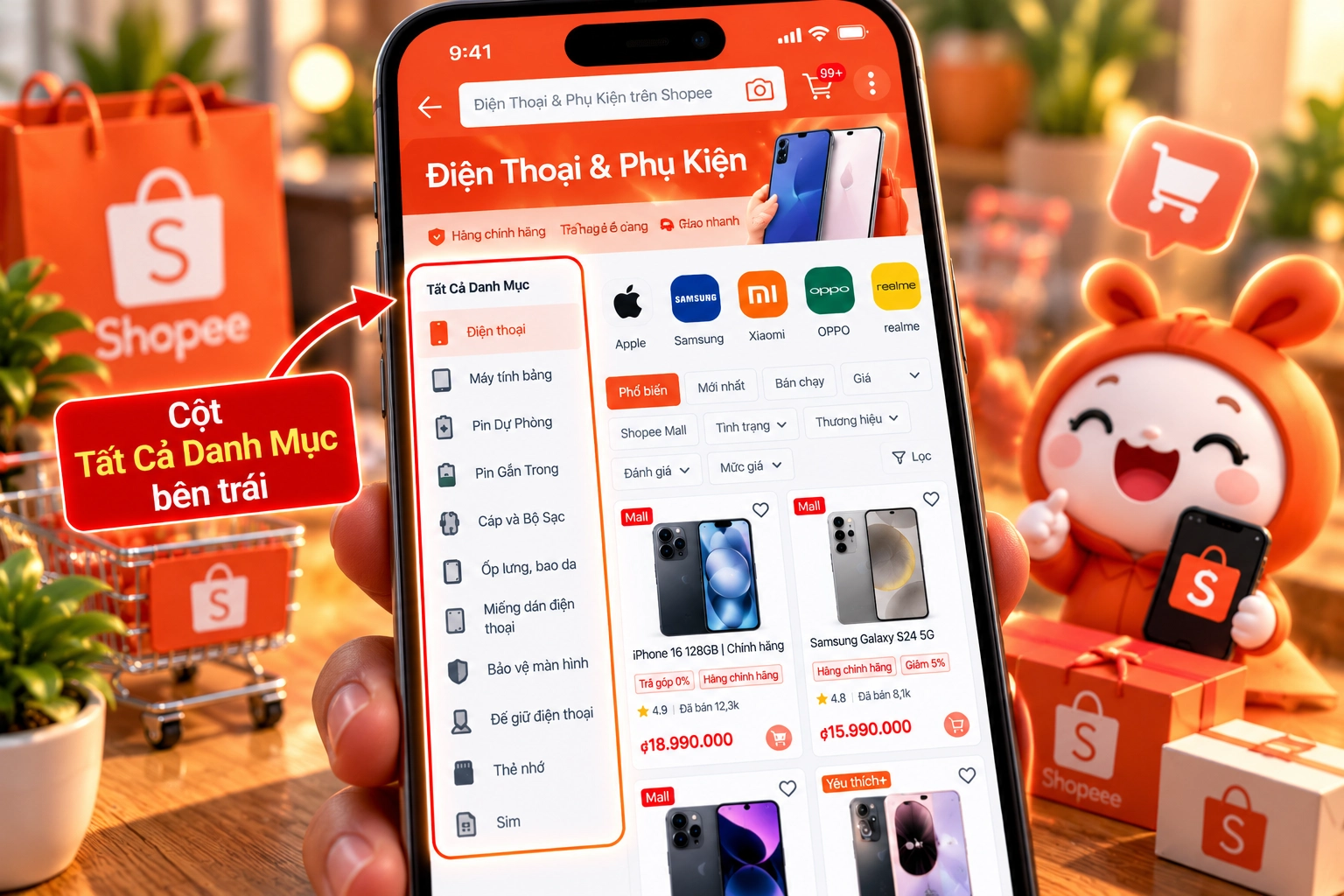 Hình minh họa danh mục Điện Thoại & Phụ Kiện Shopee Hình minh họa danh mục Điện Thoại & Phụ Kiện trên Shopee gồm điện thoại, máy tính bảng, pin dự phòng, ốp lưng và sim