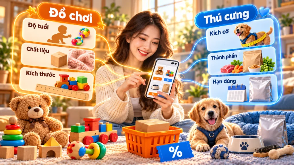 Hình minh họa tiêu chí chọn đồ chơi theo độ tuổi, chất liệu, kích thước và đồ thú cưng theo kích cỡ, thành phần, hạn dùng