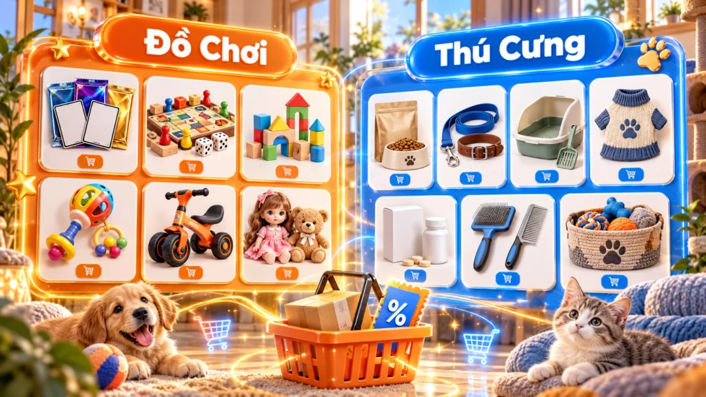 Hình minh họa hai bảng nhóm hàng Đồ Chơi và Thú Cưng, mỗi bảng gồm các ô sản phẩm