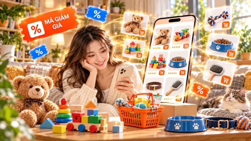 Hình minh họa người ngồi trên sofa xem đồ chơi và đồ thú cưng trên điện thoại