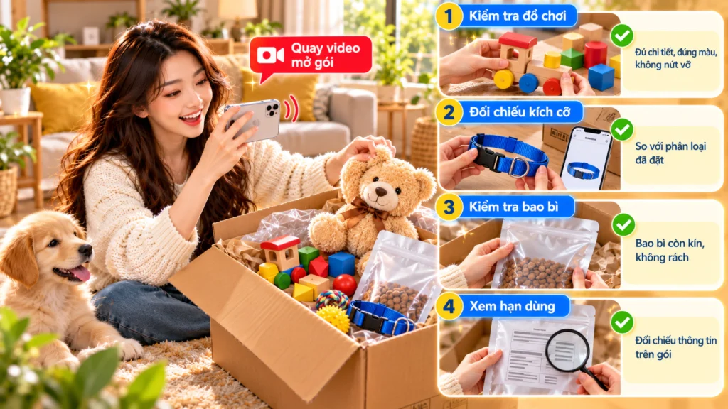 Hình minh họa người quay video mở gói đồ chơi và đồ thú cưng cùng bốn bước kiểm tra hàng khi nhận