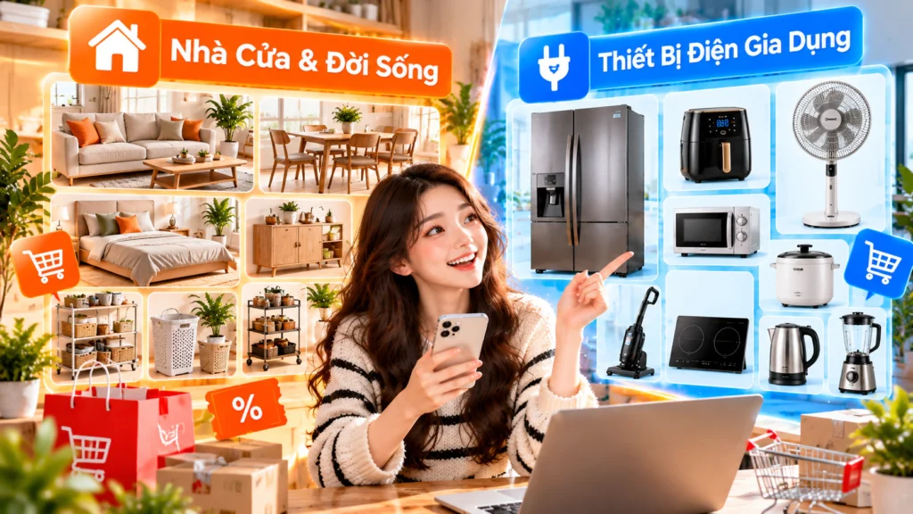 Hình minh họa hai danh mục đồ gia dụng và nội thất Hình minh họa hai danh mục Nhà Cửa & Đời Sống và Thiết Bị Điện Gia Dụng với các biểu tượng sản phẩm