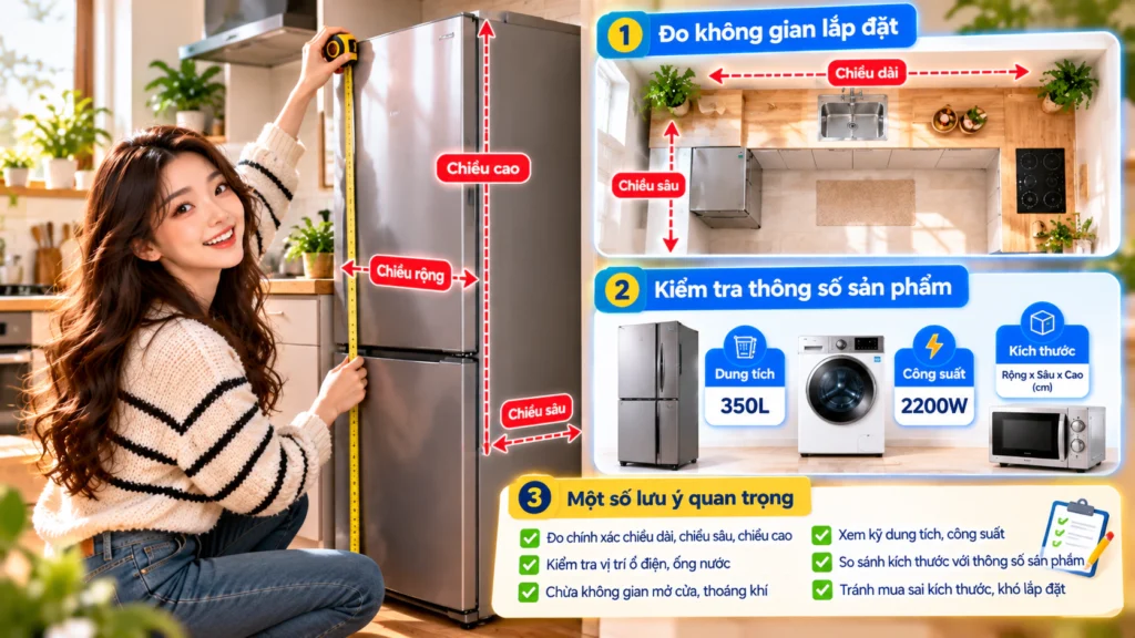 Hình minh họa đo không gian và thông số Hình minh họa người đo kích thước tủ lạnh và các bước kiểm tra không gian, thông số dung tích, công suất trước khi mua