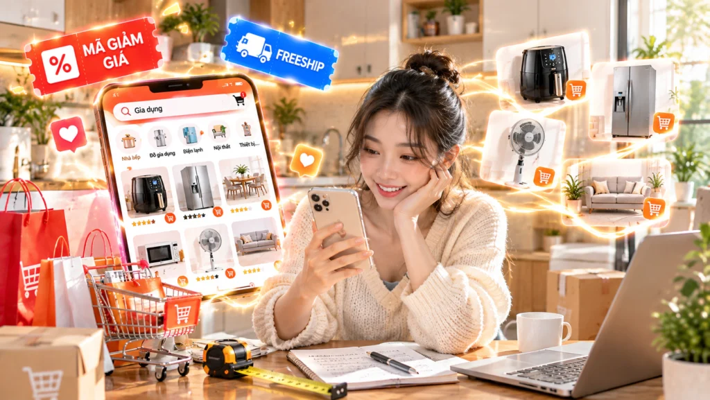 Hình minh họa chọn đồ gia dụng cho căn bếp Hình minh họa người mua cầm điện thoại xem các món đồ gia dụng và nội thất cùng nhãn mã giảm giá, freeship khi chọn mua