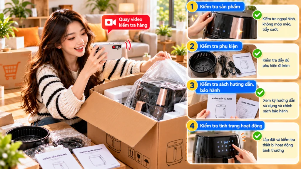 Hình minh họa kiểm tra hàng cồng kềnh khi nhận Hình minh họa người mở thùng hàng, quay video và kiểm tra sản phẩm, phụ kiện, sách hướng dẫn khi nhận đồ gia dụng
