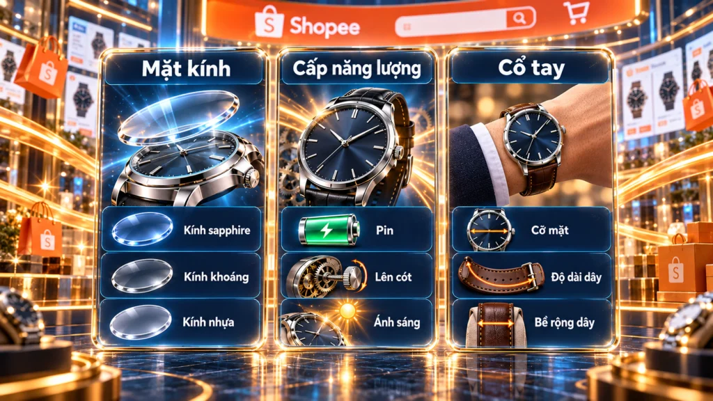 Hình minh họa tiêu chí chọn đồng hồ Hình minh họa tiêu chí chọn đồng hồ theo mặt kính, cách cấp năng lượng và cổ tay