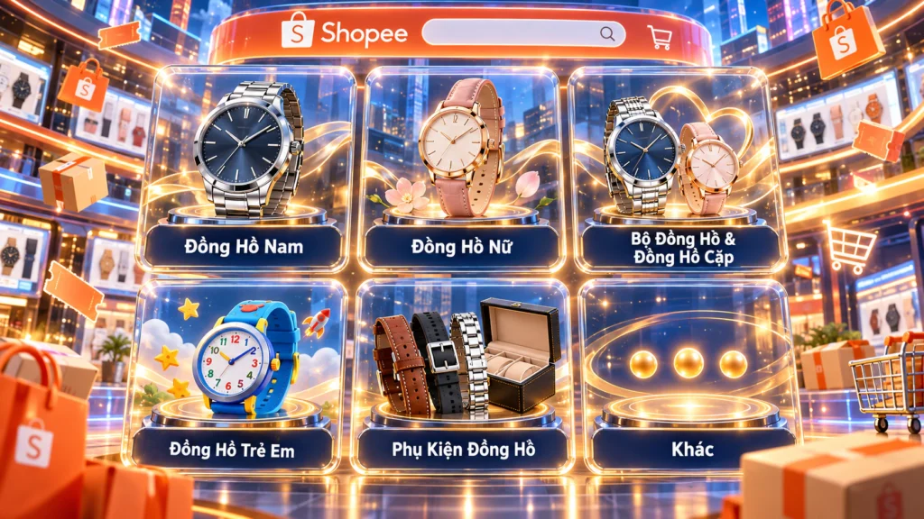 Hình minh họa các nhóm đồng hồ trên Shopee Hình minh họa sáu nhóm trong danh mục đồng hồ gồm đồng hồ nam, nữ, cặp, trẻ em, phụ kiện và nhóm khác