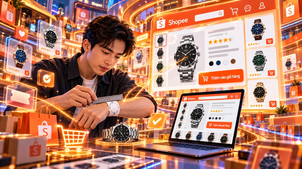 Hình minh họa đối chiếu đồng hồ với cổ tay Hình minh họa người đo cổ tay bằng thước trước khi chọn đồng hồ trên màn hình mua sắm