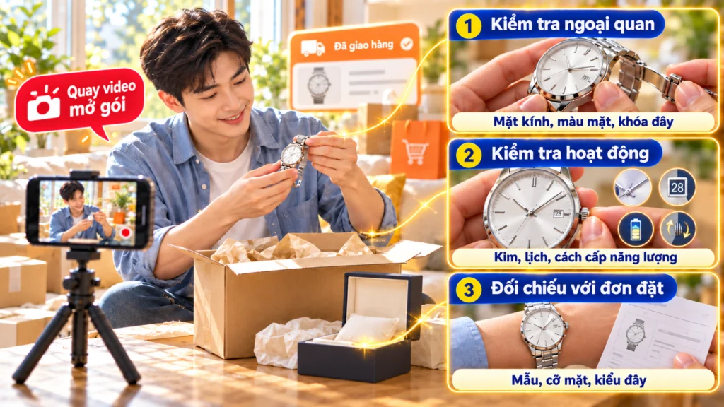 Hình minh họa kiểm tra đồng hồ khi nhận Hình minh họa người mở gói và kiểm tra đồng hồ qua ba bước khi nhận hàng