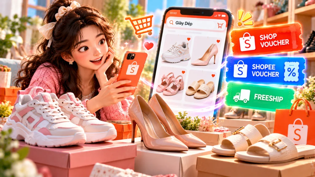 Hình minh họa chọn giày dép trước khi lưu mã Hình minh họa đôi giày thể thao, giày cao gót và dép bên cạnh điện thoại trước khi lưu Shop Voucher