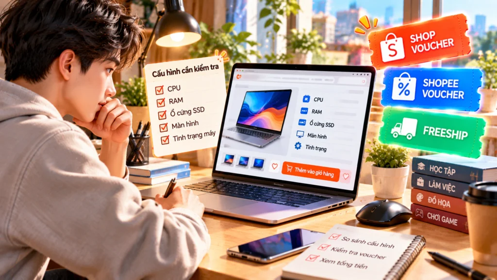Hình minh họa mã giảm giá laptop Shopee Hình minh họa người đang xem cấu hình laptop trước khi lưu mã giảm giá