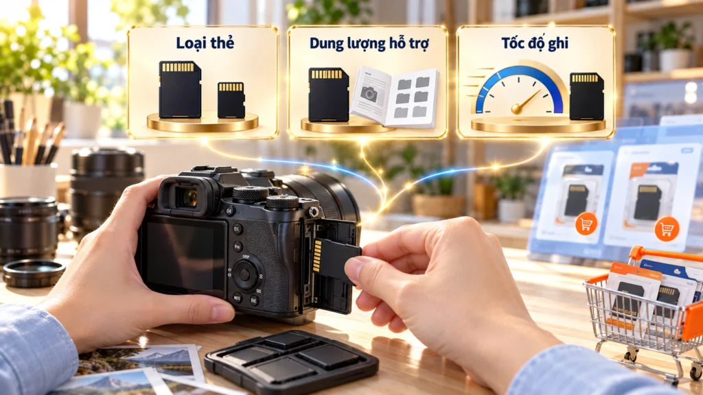 Hình minh họa chọn thẻ nhớ cho máy ảnh Hình minh họa lắp thẻ nhớ vào máy ảnh và ba điểm cần xem là loại thẻ, dung lượng hỗ trợ và tốc độ ghi