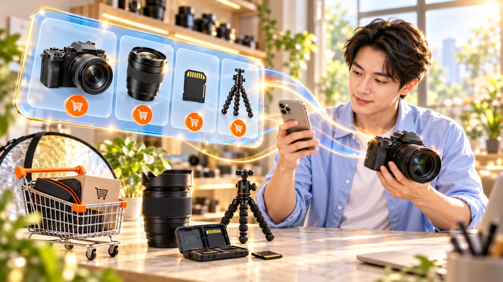 Hình minh họa chọn máy ảnh online Hình minh họa người xem điện thoại cạnh máy ảnh và chân máy khi cân nhắc mua thiết bị