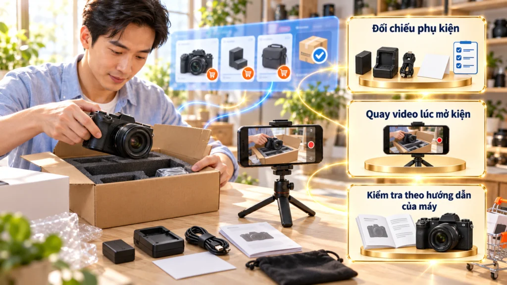 Hình minh họa nhận máy ảnh Hình minh họa mở hộp máy ảnh, đối chiếu phụ kiện và quay video khi nhận hàng