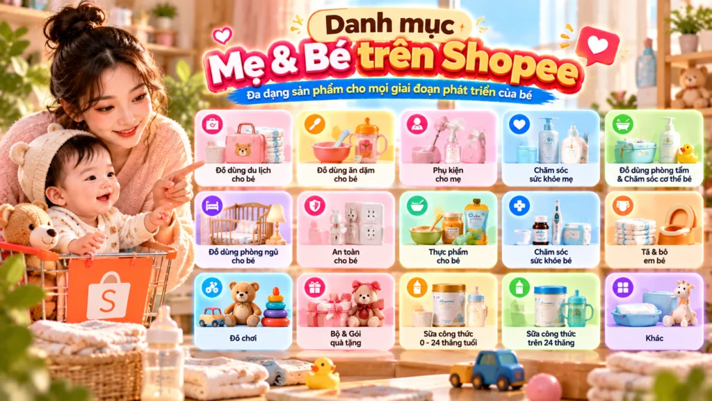 Hình minh họa danh mục Mẹ & Bé Hình minh họa các nhóm đồ mẹ và bé như tã, bình sữa, đồ ăn dặm và đồ chơi