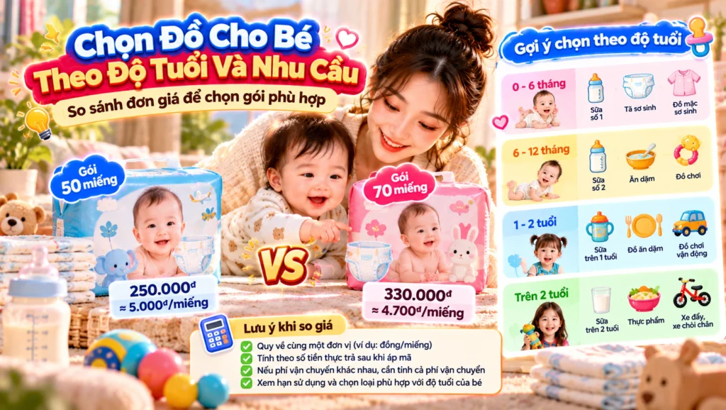 Hình minh họa chọn đồ theo độ tuổi Hình minh họa so sánh hai gói tã khác số lượng khi chọn đồ theo độ tuổi của bé