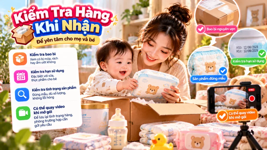 Hình minh họa kiểm tra hàng khi nhận Hình minh họa người kiểm tra bao bì và hạn sử dụng đồ cho bé khi nhận hàng