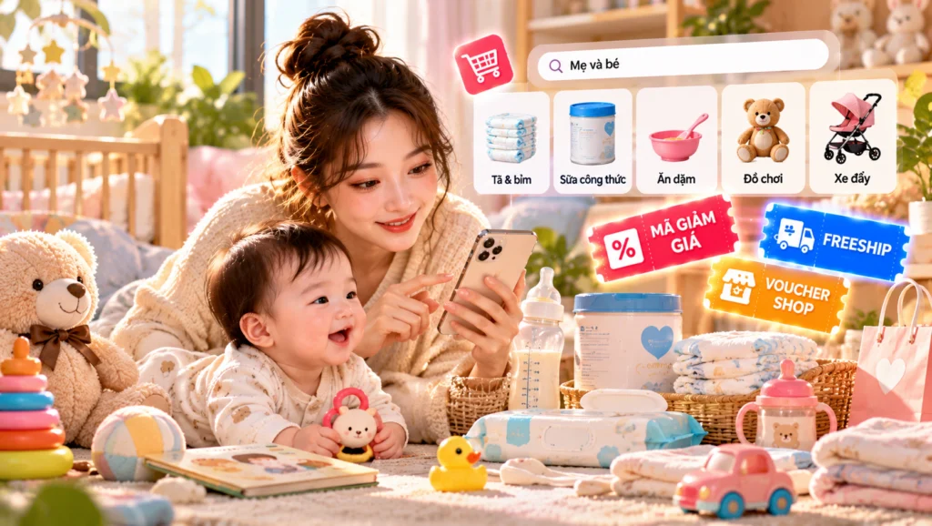 Hình minh họa mã giảm giá mẹ và bé Shopee Hình minh họa người mẹ chọn đồ cho bé trên điện thoại trước khi lưu mã giảm giá