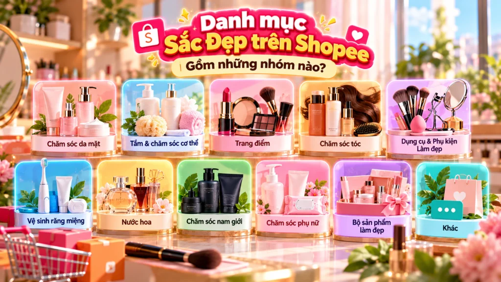 Hình minh họa các nhóm hàng làm đẹp như chăm sóc da, trang điểm, chăm sóc tóc và nước hoa