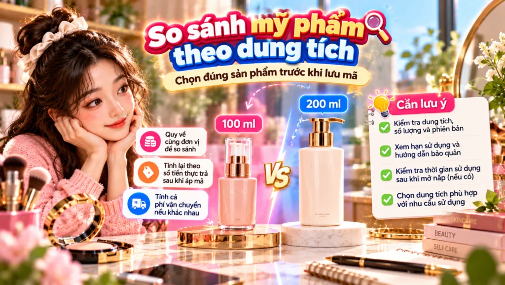 Hình minh họa so sánh hai chai mỹ phẩm dung tích khác nhau