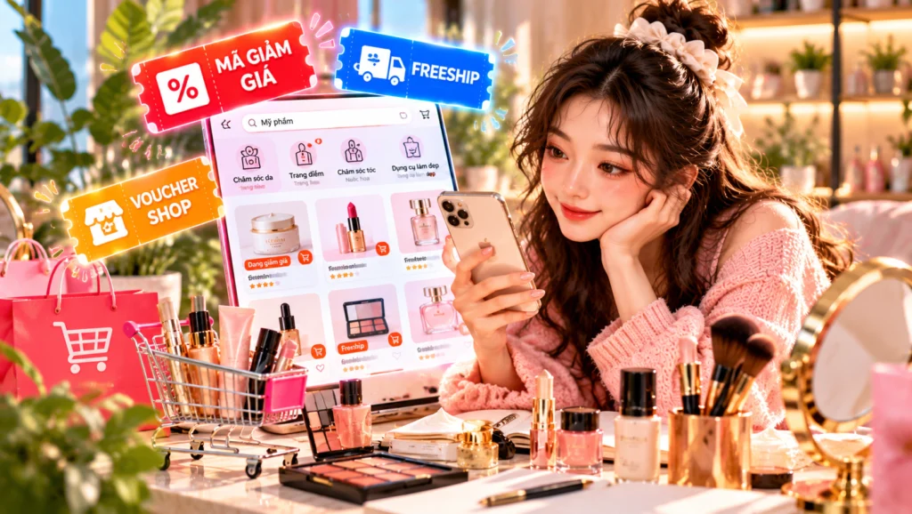 Hình minh họa người chọn mỹ phẩm trên điện thoại trước khi lưu mã giảm giá