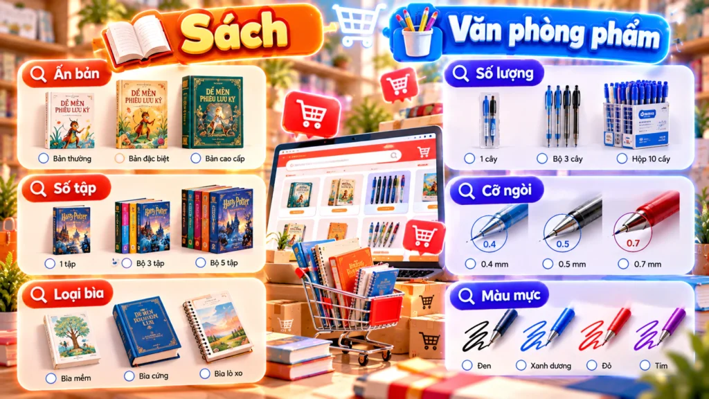 Hình minh họa sơ đồ đối chiếu ấn bản, số tập, loại bìa của sách và số lượng, cỡ ngòi, màu mực của bút