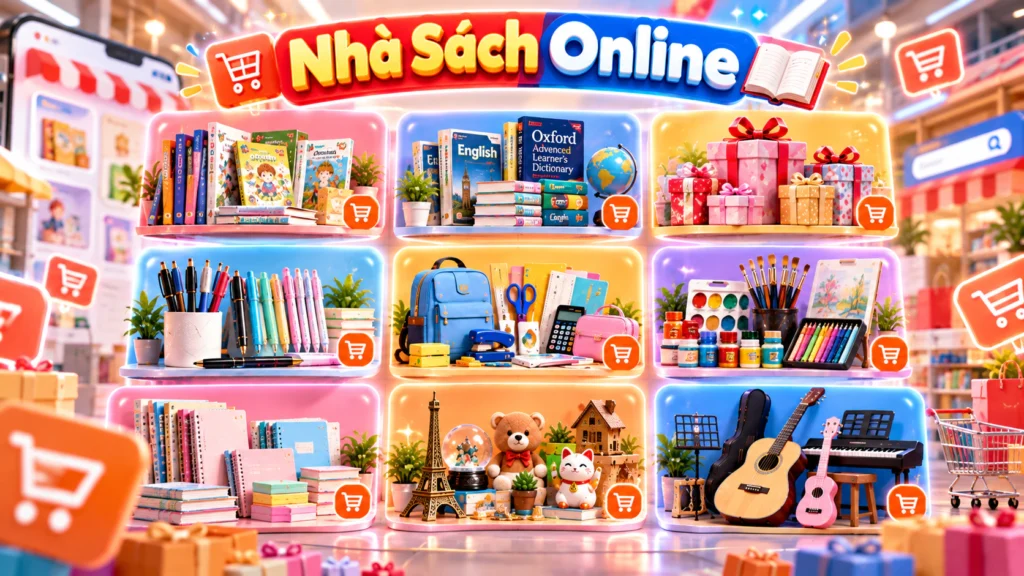 Hình minh họa bảng biểu tượng các nhóm hàng trong danh mục Nhà Sách Online