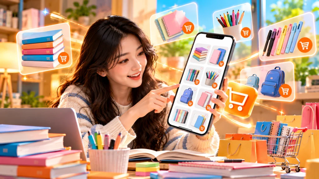 Hình minh họa người ngồi ở bàn học chỉ vào điện thoại có các món sách, sổ và bút để chọn mua